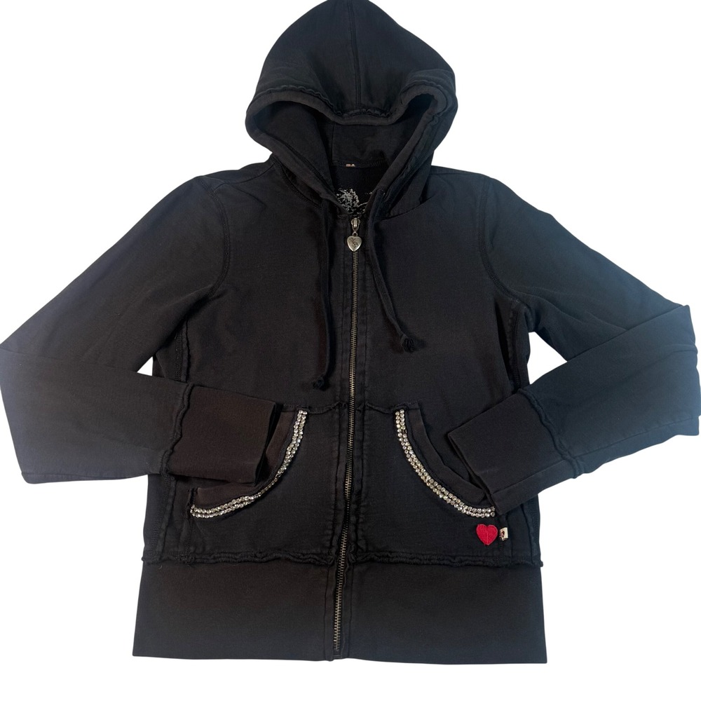 Twisted Heart Hoodie Women Small Black Rhinestone Skull Y2K Grunge Zip Up Jacket